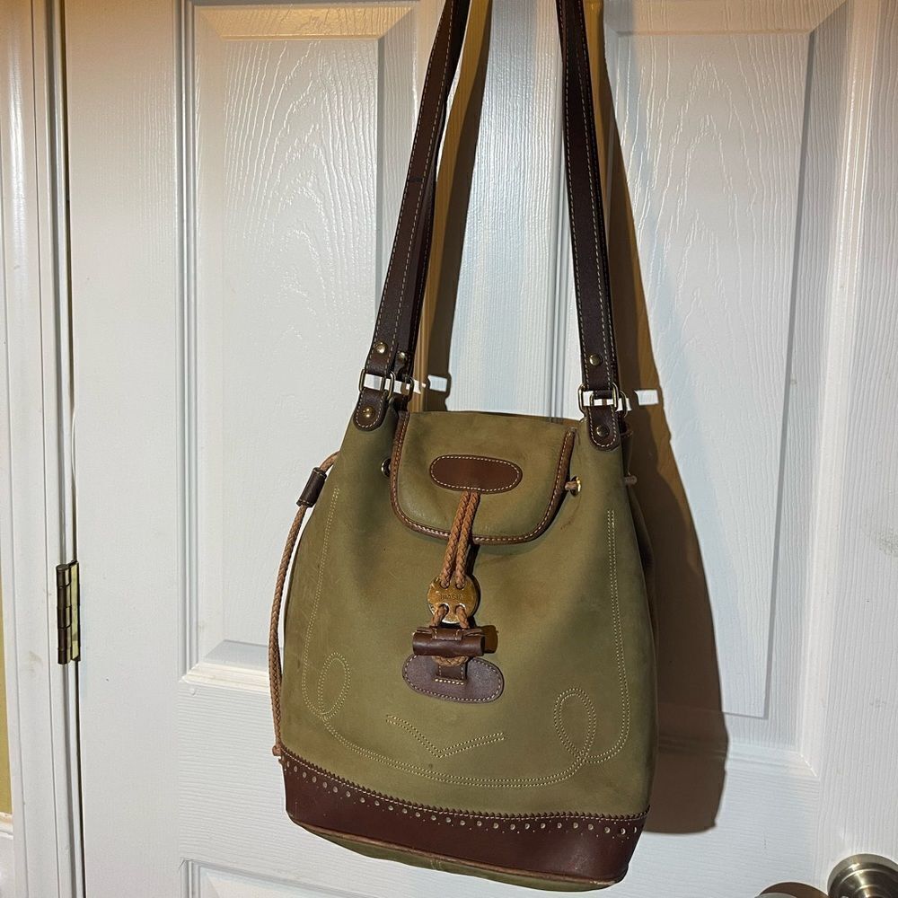 Francesco Biasia leather olive green and brown straps bucket drawstring bag.